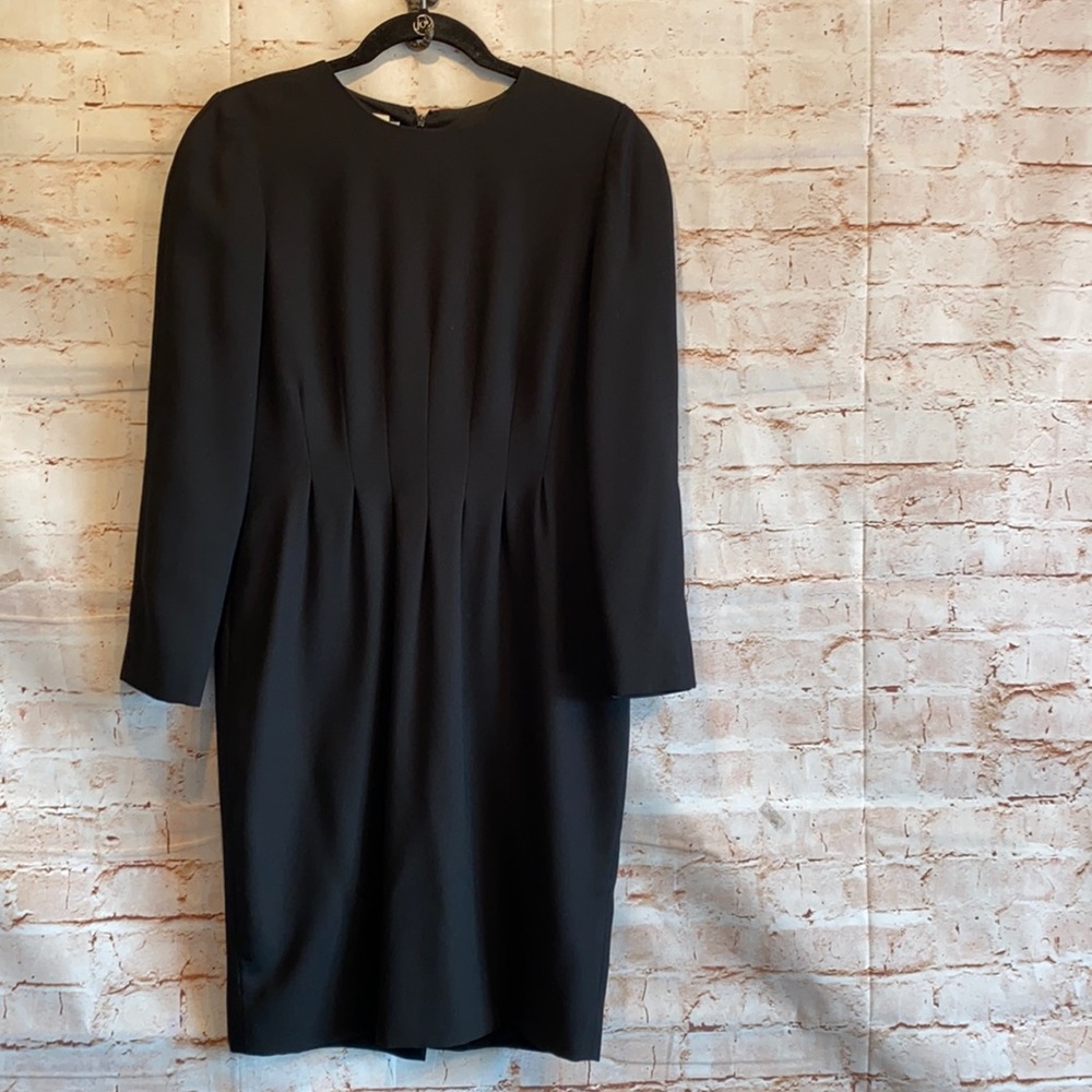 Vintage black dress 8 petite pleated long sleeve crew neck zip back closure